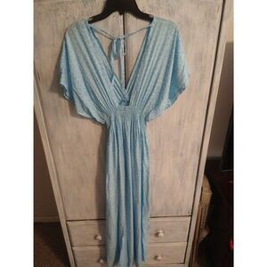 Balifus  maxi V neck  dress Blue Sm Boho Beachy Feminine Cottage Core hippie